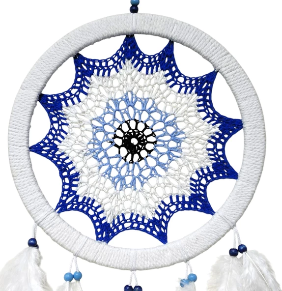 Saks Mavisi Nazar Motifli Kuş Tüylü Duvar Süsü - 1