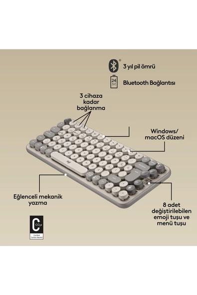 Logitech POP Keys Beyaz Gri Kablosuz Mekanik Klavye - 4