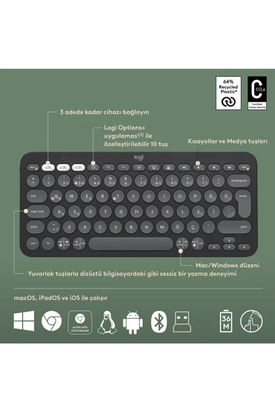 Logitech Pebble 2 Combo Siyah Kablosuz Klavye Mouse Seti - 6
