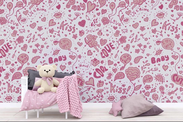 Pembe Kalp Desenli Duvar Kağıdı Baskı - 5