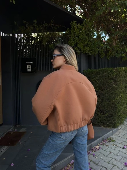 Kaşe Kaşmir Cıt Cıt Detaylı Yama Cepli Bomber Ceket - Kahve - 3