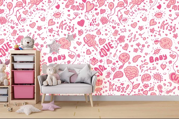 Pembe Kalp Desenli Duvar Kağıdı Baskı - 4