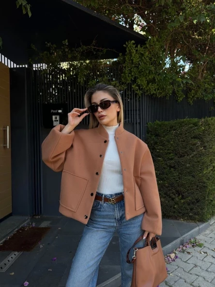 Kaşe Kaşmir Cıt Cıt Detaylı Yama Cepli Bomber Ceket - Kahve - 2