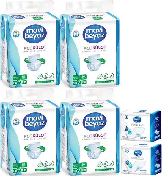Mavi Beyaz Ped Emici Külot Hasta Bezi M - Medium Orta 120 Adet + Yatak Koruyucu Örtü 60*90CM 60 Adet