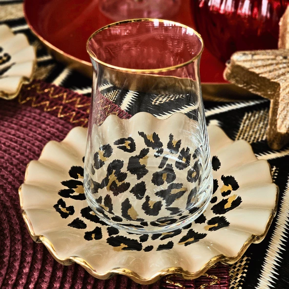 Glore Leopar Wavy Altın Yaldızlı Çay Bardağı Seti