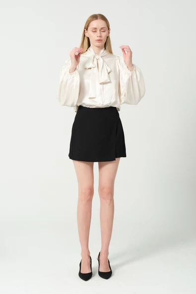 Fularlı Saten Bluz Krem - 2