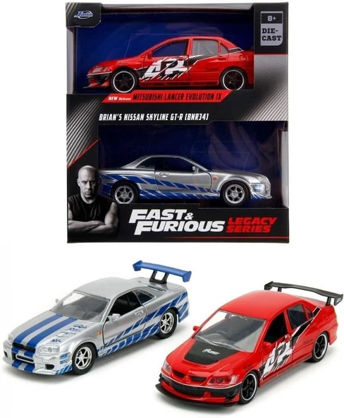 Jada Fast and Furious Mitsubishi Lancer Evolution IX Brian's Nissan Skyline GT-R(R34) Model Araba - 1