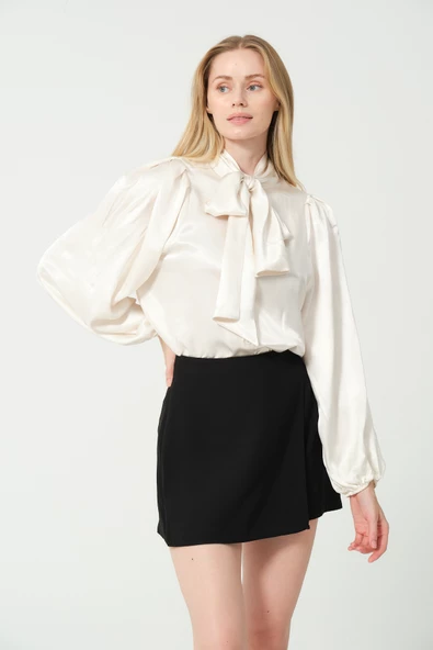 Fularlı Saten Bluz Krem - 11