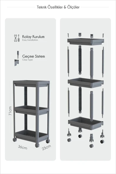 Peggy Gri  Geniş 3 Katlı Çok Amaçlı Mutfak Erzak Banyo Tekerlekli Organizer Raf Ünitesi - 6