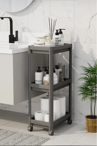Peggy Gri  Geniş 3 Katlı Çok Amaçlı Mutfak Erzak Banyo Tekerlekli Organizer Raf Ünitesi - 4