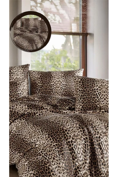 Pamuklu Çift Kişilik Nevresim Takımı- Ranforce Kumaş  Leopar Desen Çarşaf Nevresim Yastık