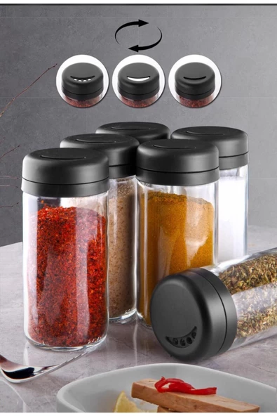 Spice 6'lı Set Döner Kapak Cam Baharatlık Tuzluk Biberlik seti 250cc Masa Üstü 6 Adet Baharatlık - 2