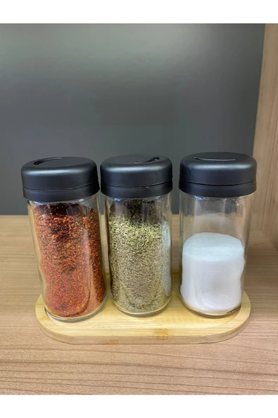 Ahşap Standlı Spice 3'lü Set Döner Kapak Cam Baharatlık Tuzluk Biberlik seti 250cc - 3