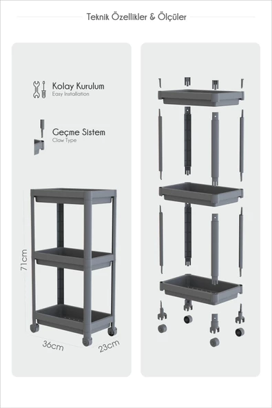 Peggy Beyaz Geniş 3 Katlı Çok Amaçlı Mutfak Banyo Raf Ünitesi Tekerlekli organizer - 4