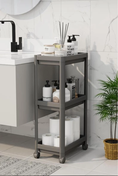 Jaja Gri Geniş 3 Katlı Tekerlekli Banyo, Mutfak Rafı Havluluk Deterjanlık Makyaj Organizeri