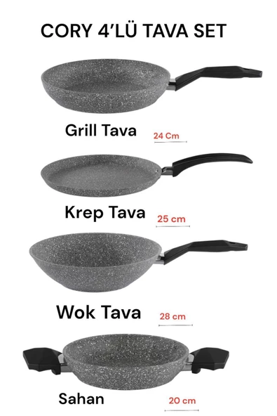 Cory Serisi Wok- Krep- Grill- Sahan 4'lü Set Çeyiz Seti Tava Set