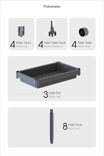 Peggy Beyaz Geniş 3 Katlı Çok Amaçlı Mutfak Banyo Raf Ünitesi Tekerlekli organizer - 3