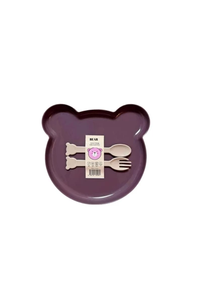 Bear Çatal Kaşıklı Mama Tabağı - Bebe Mama Seti Mor - 2