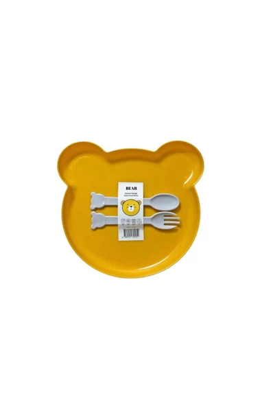 Bear Çatal Kaşıklı Mama Tabağı - Bebe Mama Seti Sarı - 2