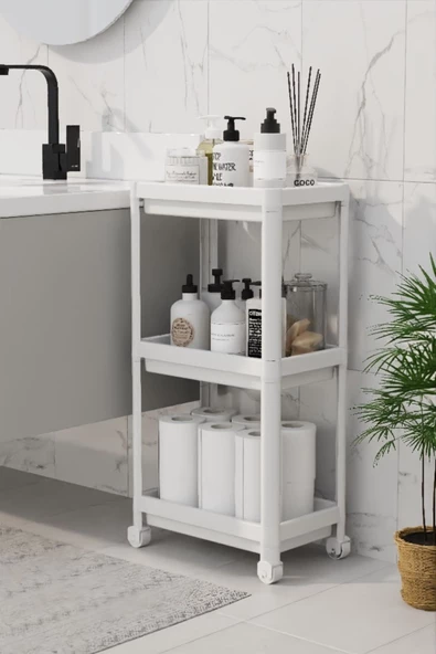 Peggy Beyaz Geniş 3 Katlı Tekerlekli Banyo, Mutfak Rafı Havluluk Deterjanlık Makyaj Organizeri