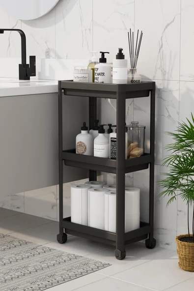 Peggy Siyah Geniş 3 Katlı Çok Amaçlı Mutfak Banyo Raf Ünitesi Tekerlekli organizer - 2