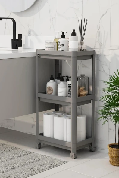 Peggy Gri  Geniş 3 Katlı Çok Amaçlı Mutfak Erzak Banyo Tekerlekli Organizer Raf Ünitesi - 3