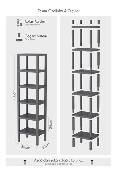 Ombeg Beyaz 6 Katlı Düzenleyici Raf Ünitesi Kiler Dolabı  Kitaplık Banyo Rafı Mutfak Organizeri - Resim 5