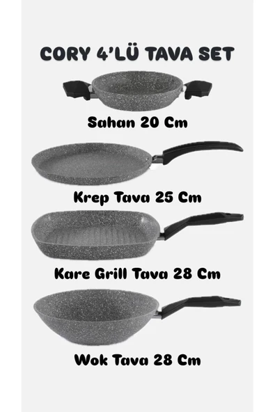 Cory 4 Parça Tava Seti Granit Wok Krep Grill Sahan 4'lü Set Çeyiz Seti Tava Set - Resim 2