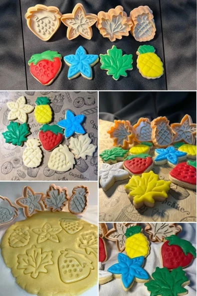Bahar Temalı Meyve Ve Yaprak Kurabiye Kalıbı Cookies- 4'lü Basmalı Şeker Hamur Kesici Ananas Çilek - Resim 2