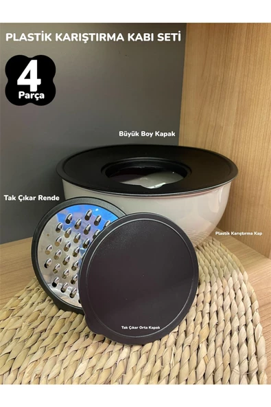 Rendeli Karıştırma Kabı Plastik Kase Seti 4 Parça Kapaklı Set Saklama Kabı