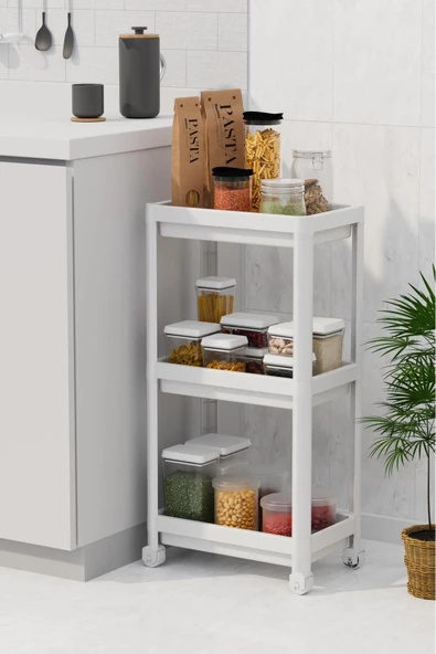 Peggy Beyaz Geniş 3 Katlı Çok Amaçlı Mutfak Erzak Banyo Raf Ünitesi Tekerlekli Organizer