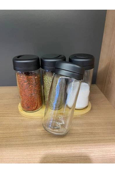 Ahşap Standlı Spice 6'lı Set Döner Kapak Cam Baharatlık Tuzluk Biberlik seti 250cc - 2