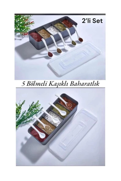 2 Adet Mario Kaşıklı Baharatlık 5 Bölmeli Baharat Saklama Kabı Seti Masa Üstü baharat kutusu