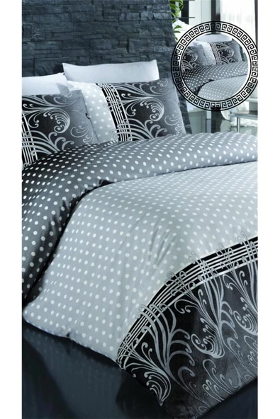 Pamuklu Çift Kişilik Nevresim Takımı - Ranforce Kumaş Siyah Beyaz Puantiyeli Çarşaf Nevresim Yastık ürün görseli