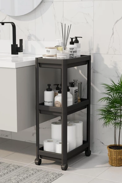 Peggy Siyah Geniş 3 Katlı Tekerlekli Banyo, Mutfak Rafı Havluluk Deterjanlık Makyaj Organizeri - 2