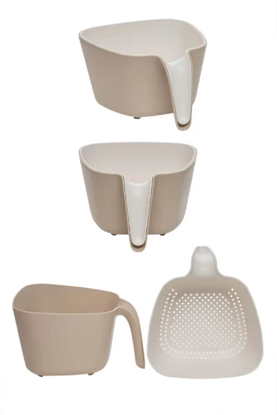 2 Parça Bej Xl Boy 3 Lt Plastik Süzgeç Çok Amaçlı Makarna Meyve Sebze Pirinç Yıkama Süzgeci - 3