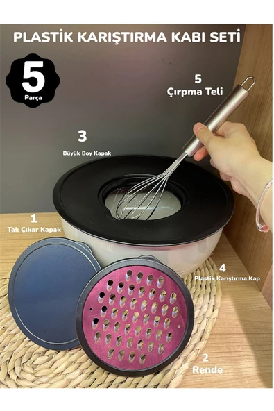 5 Parça Karıştırma Kabı Saklama Kabı Plastik, Büyük Çırpma Telli 29 Cm Rendeli Çırpma Kase Seti