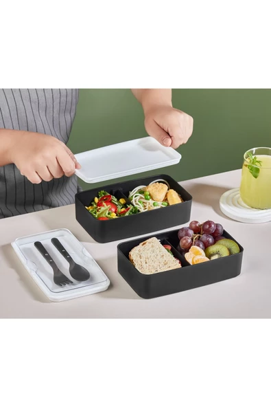 2 Katlı Siyah Çatal Kaşıklı Saklama Kabı 1003 Lunch Box - Beslenme Bölmeli Yemek Kutusu