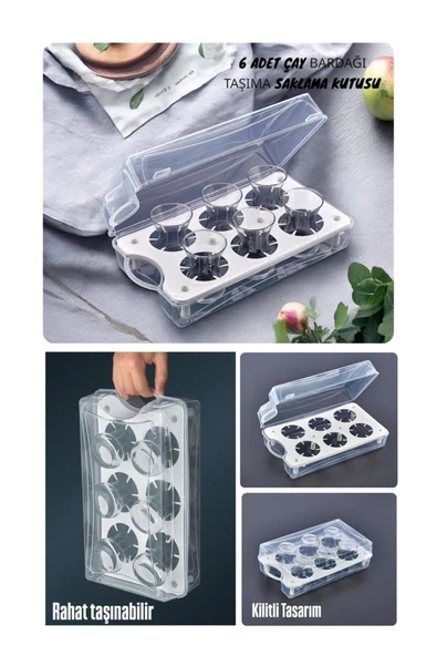 Çay Bardağı Taşıma Kutusu Şeffaf Plastik 6 Bardak Kapasiteli Piknik Kutusu