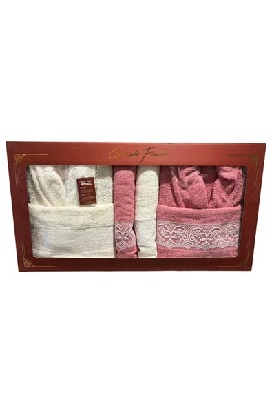 Nova 6 Parça Aile Bornoz Seti Banyo Havlu Seti Pembe- Beyaz - 3