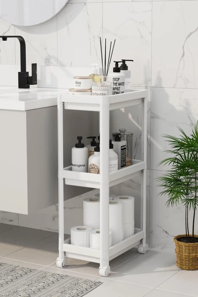 Peggy Beyaz Geniş 3 Katlı Çok Amaçlı Mutfak Banyo Raf Ünitesi Tekerlekli organizer