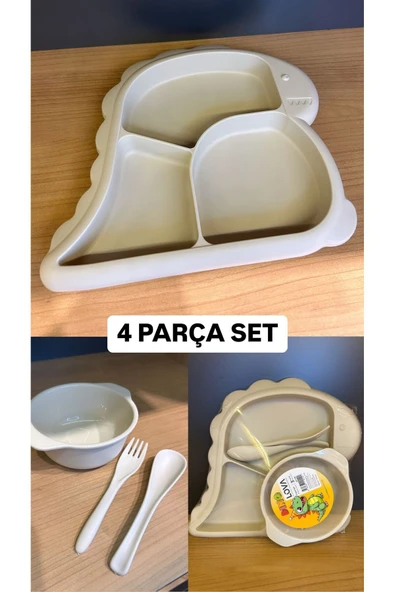 Dino Krem 4 Parça Parça Bebek Yemek Seti Mama Tabak Seti Çocuk Kahvaltı Tabağı
