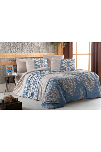 Pamuklu Çift Kişilik Nevresim Takımı - Ranforce Kumaş Başak Mavi Krem Çarşaf Nevresim Yastık - Resim 2