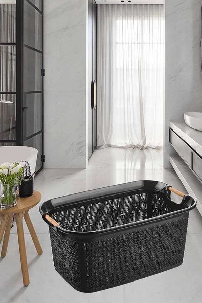 Woow 30 Lt Ahşap Siyah Saplı Sele Çamaşır Sepeti - Kirli Sepeti - Plastik Sepet- Siyah - 6