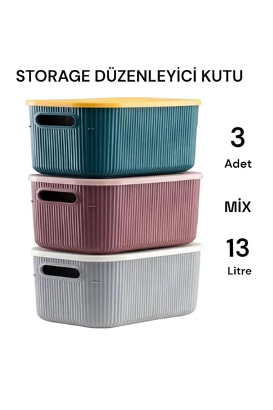3 Adet Storage 13 Lt Mix Dolap Içi Düzenleyici Kutu - Çorap Kıyafet Kapaklı Saklama Kabı - 2