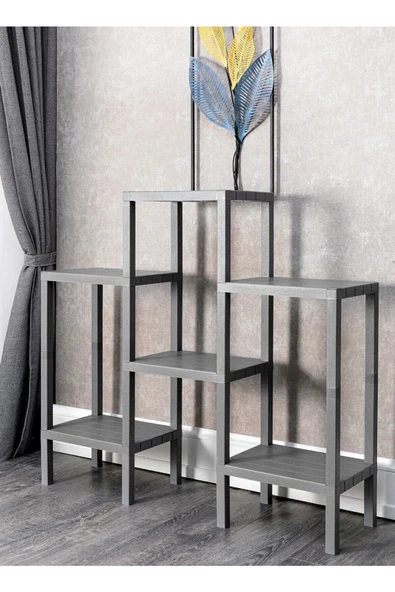 Shelf Piramit 6 Lı  Gri Plastik Raf Ünitesi Çiçeklik Banyo Rafı Mutfak Organizeri, Kitaplık - 3