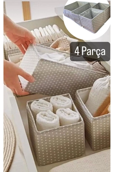 Coco Puantiyeli Çok Amaçlı 4'lü Set Çekmece Düzenleyici Çorap Iç Çamaşırı Şal Organizer Kumaş Kutu