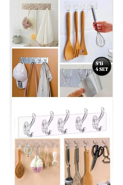 Silikonlu 4 Set 5'li 29*7 Şeffaf Güçlü Kendinden Yapışkanlı Kapı Duvar Askısı Ağır Yük Taşıma ürün görseli