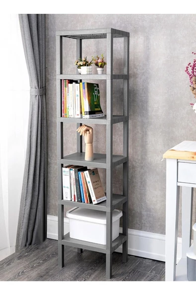 Shelf Piramit 6 Lı  Gri Plastik Raf Ünitesi Çiçeklik Banyo Rafı Mutfak Organizeri, Kitaplık - 4