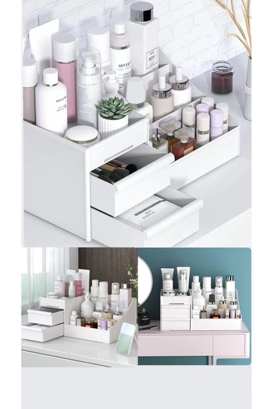 3 Adet Rose Makyaj Organizer Çekmeceli Katlı Kozmetik Parfüm Serum Düzenleyici çok gözlü Ruj Rafı - 3